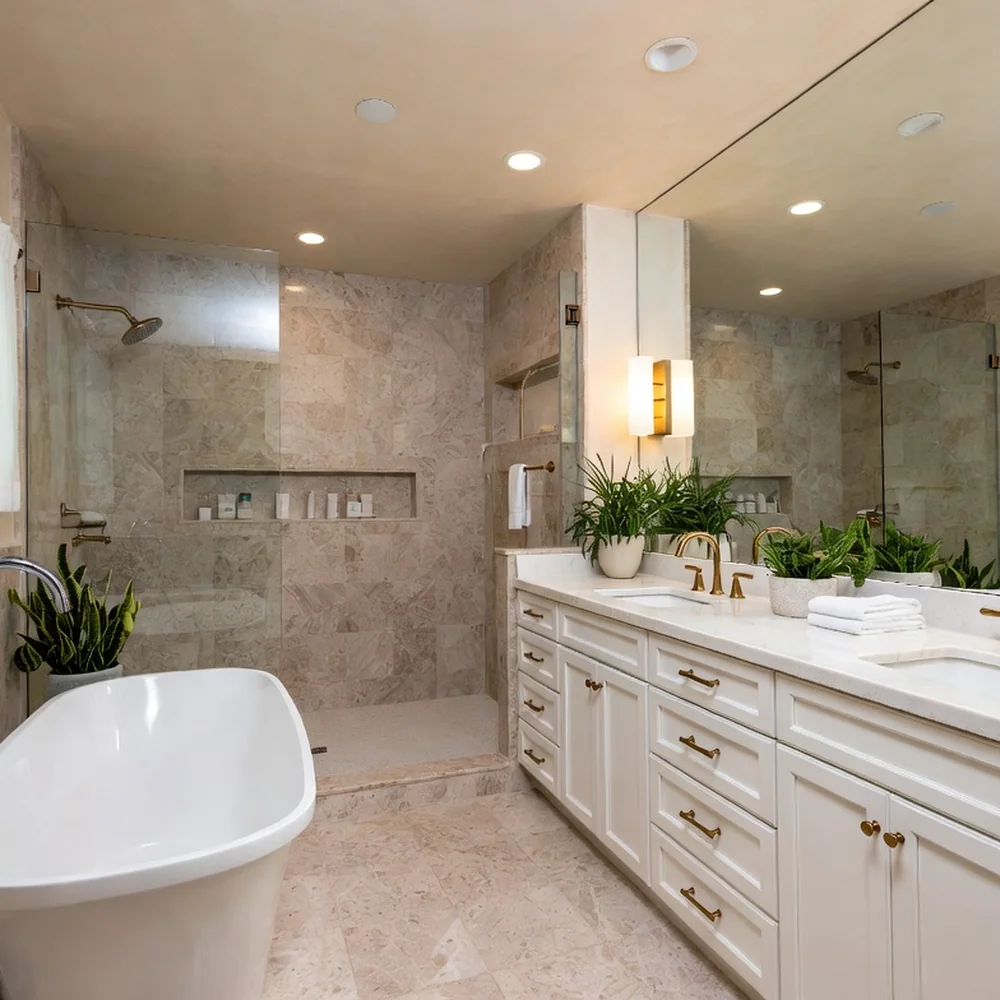 Bathroom after the RuLee Construction renovation — new tile, fixtures, and finishes
