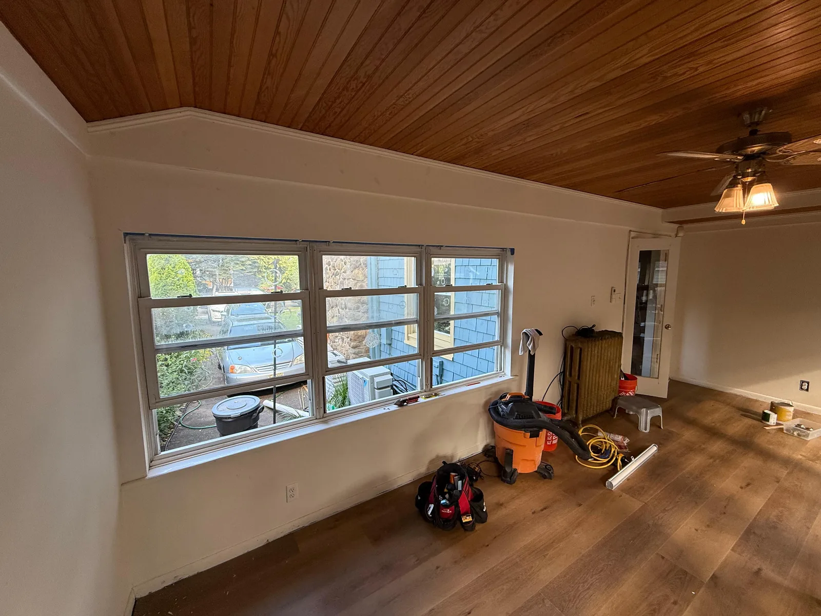 Sunroom with wood ceiling pre-finish