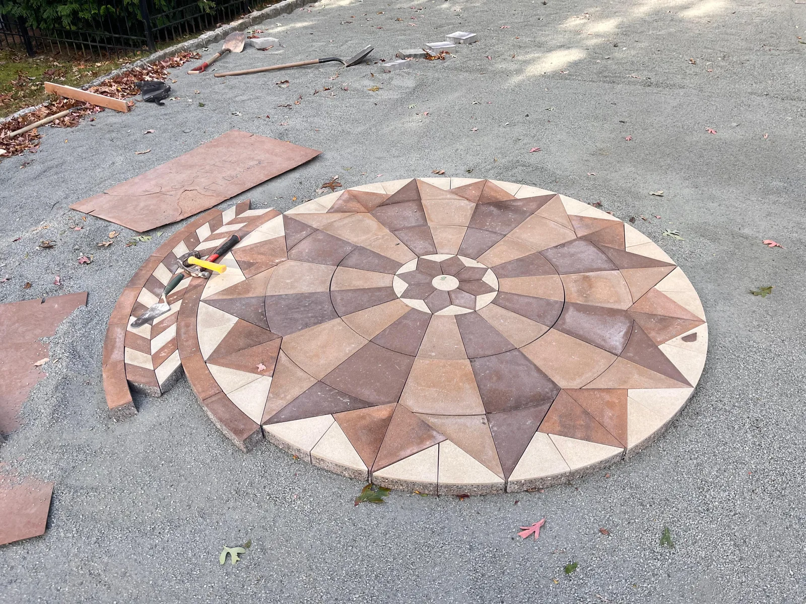 Compass-rose paver medallion in progress